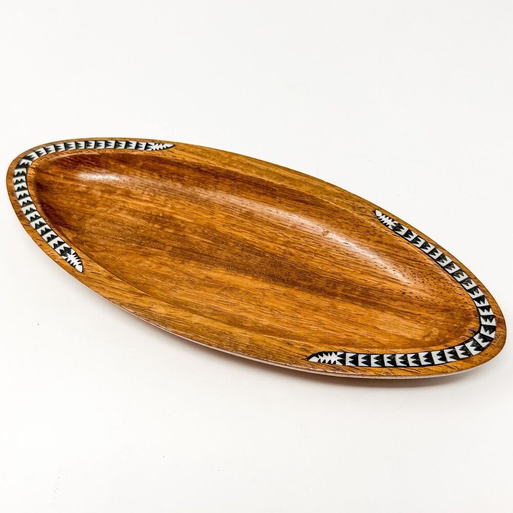 Vintage Hand Carved Wood Bowl Tray Mother Of Pearl Shell Inlay Boho Decor